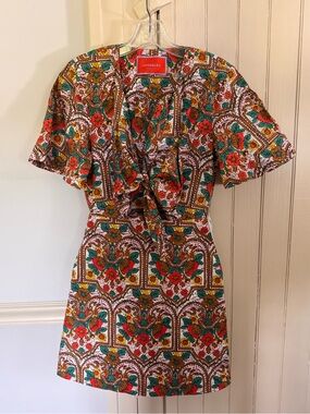 LA DoubleJ Floral Paisley Tie-Front Mini Dress in Red, Green & Mustard